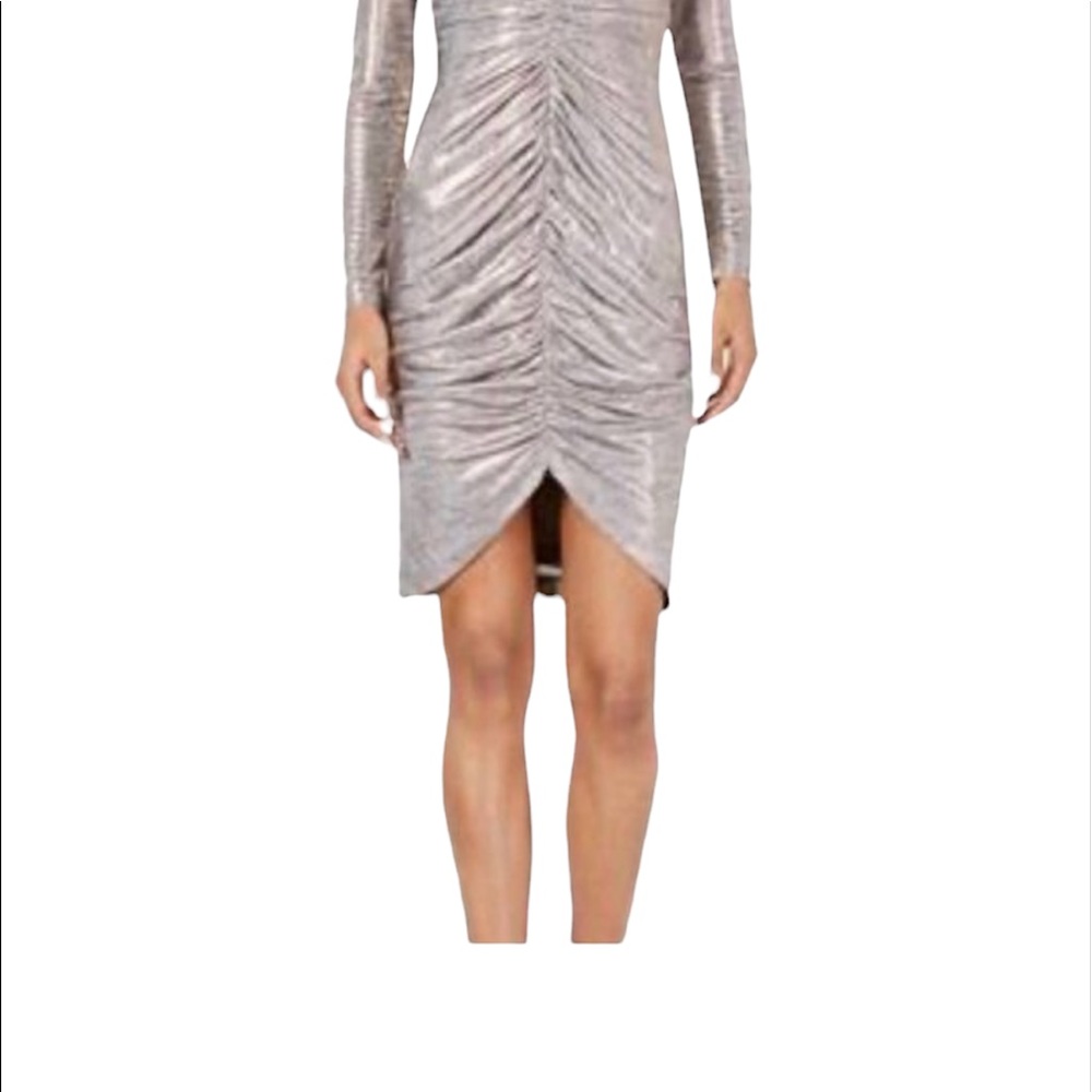 Vince Camuto Silver Ruched Long-Sleeve Midi Dress